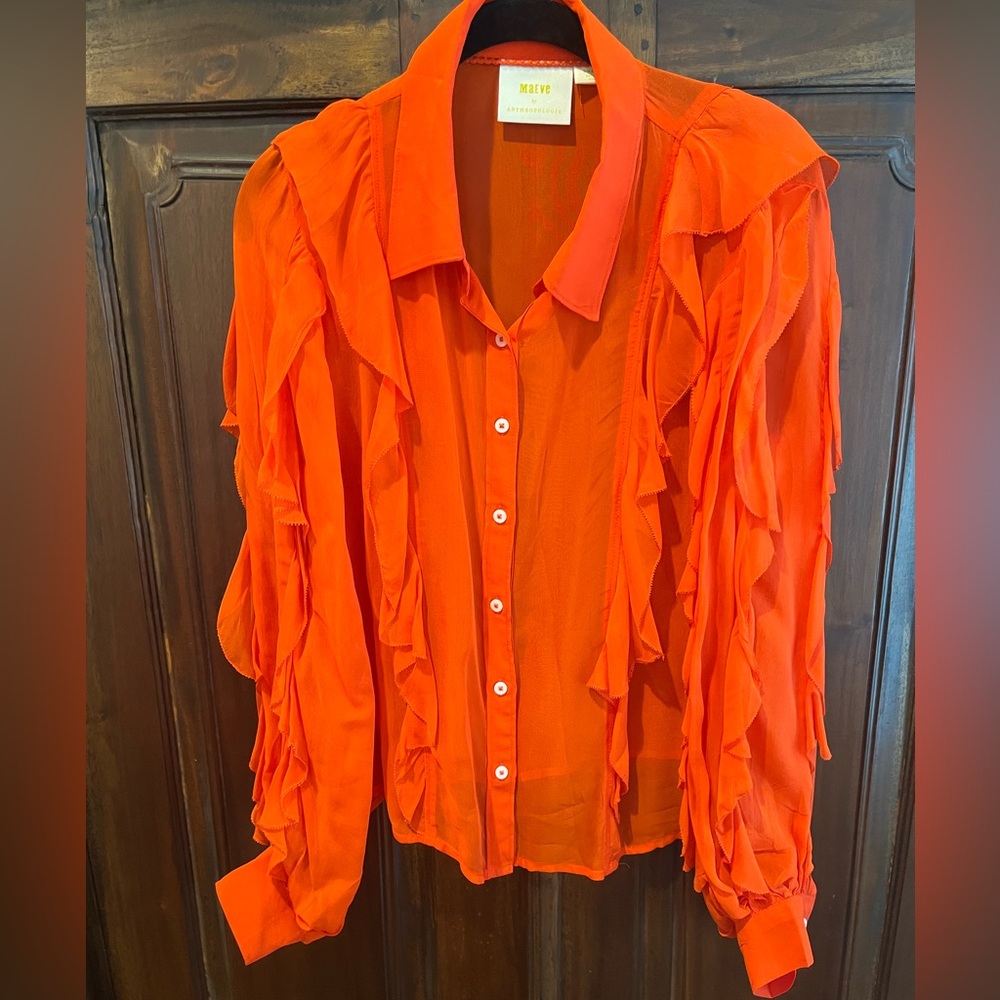 Maeve by Anthropologie orange sheer blouse with soft ruffles.